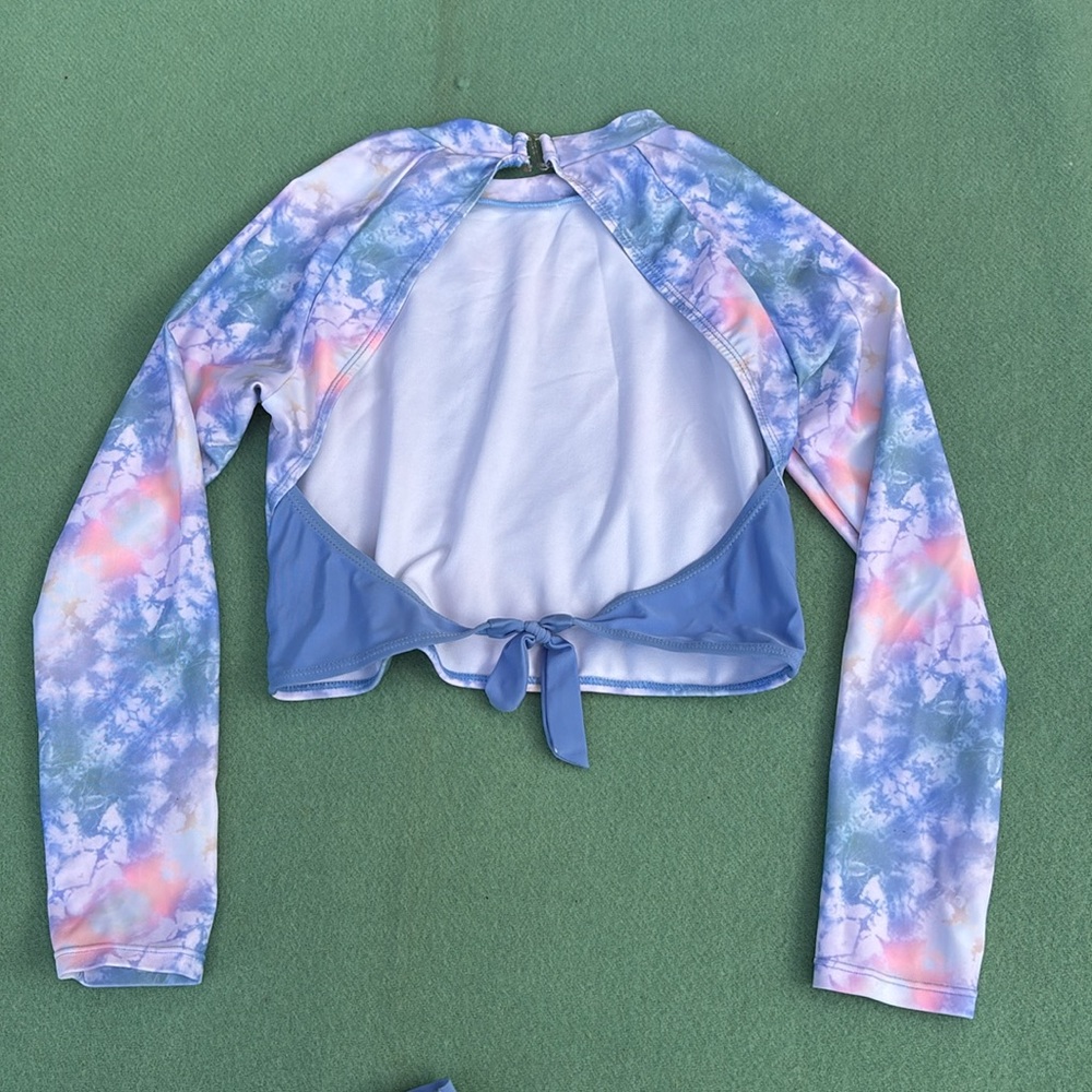 C&C California Blue Pink Tie Dye Cut Out Swim Rash Top Bikini Bottoms Set 10/12